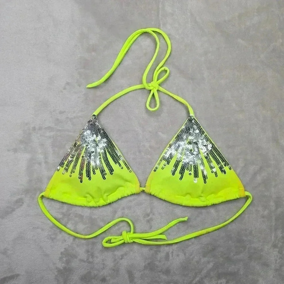 Victoria's Secret Yellow Silver Sequin Strap Tie Back Bikini Top Swimwear Small - Picture 1 of 6
